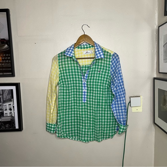 Vineyard Vines Multicolor Gingham Shirt 2 Popover Green Yellow Blue Coastal - Picture 4 of 11